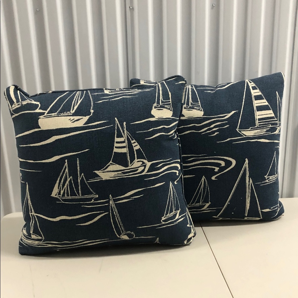 Navy Sailboat Woven Throw Pillows - Nautical Accent Set of 2